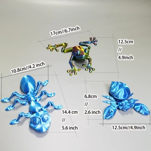 3D printed frog, ant and hermit crab toy set with detailed size measurements