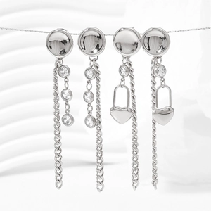 Silver stainless steel tassel earrings with heart pendants and sparkling zircon stones