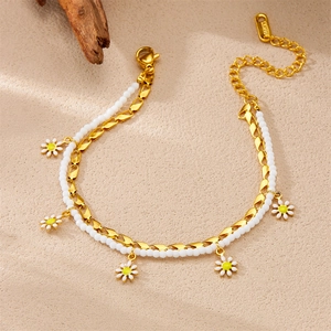 Double-layer stainless steel anklet with white beads and small daisy flower pendants