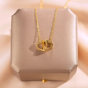 18K Gold Plated Double Interlocking Heart Titanium Steel Necklace For Women Pave Rhinestone Pendant Clavicle Chain Jewelry