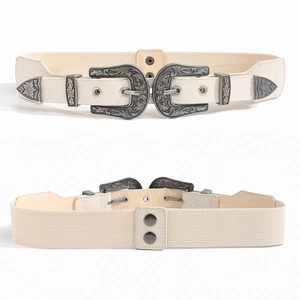 Beige elastic wide waist belt with double carved metal buckles for coats and blazers
