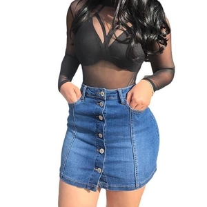 High Waisted Denim Mini Skirt Button Down Single Breasted Washed Casual Streetwear Cotton Spandex Pocket Jean Skirts