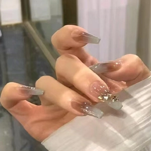 Amber Ombre Coffin Press On Nails Long French Style Glossy False Nails With Yellow Rhinestone Decoration For Women