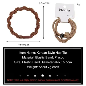 Elastic braided hair ties with decorative rhinestones and floral accents in brown and beige