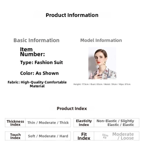Detail view of fashion suit set fabric quality, slim fit index and product size chart