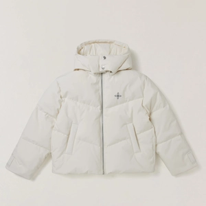 Detail of white hooded down jacket with black cross logo and waterproof fabric texture