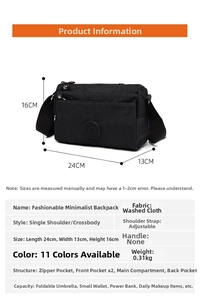 Detailed size chart showing nylon crossbody bag dimensions 24x16x13cm and compartments