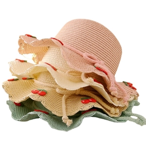 Straw sun hats for girls featuring cherry embroidery and wavy edges in four colors