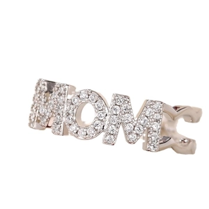 Silver MOM heart ring with micro-pave zircons, adjustable open band for women