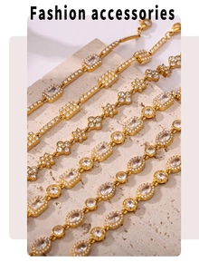 Close-up of five 18K gold plated bracelets with various geometric zircon shapes and clasp