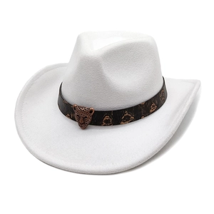 Detail of white western cowboy hat with leopard print band and bronze leopard head buckle
