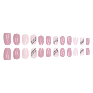 Almond pink and nude press-on nails with silver glitter stripes 24-piece full set