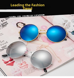 Detail view of retro round sunglasses with blue and silver reflective lenses on a magazine