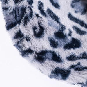 Plush leopard print faux fur bucket hat for women in soft grey and black tones