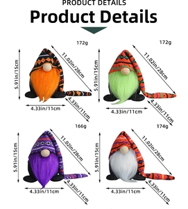 Detailed size chart showing four colorful Halloween gnomes with 15cm height and 11cm width