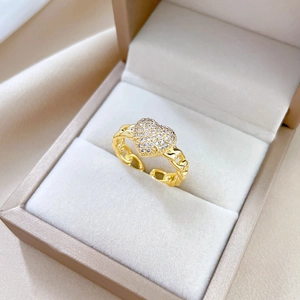Gold plated heart ring with zircon micro-paving and adjustable chain texture band