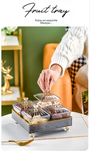 Close-up of a 4-compartment crystal-style snack tray with elegant golden handles