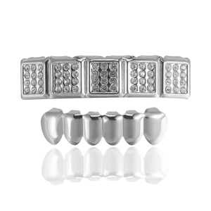 Silver square 6-tooth hip hop grillz set with sparkling rhinestones on white background