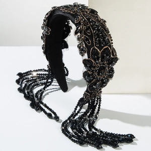 Vintage Baroque Black Padded Headband With Tassel Rhinestone Crystal Beaded Flower Embroidery Hair Band For Women Wedding Party