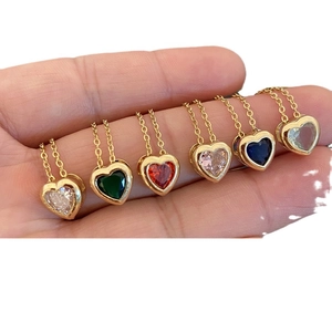 Gold stainless steel heart pendant necklaces with colorful gemstones in six vibrant shades