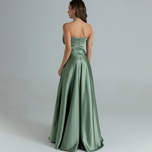 Elegant olive green satin strapless backless evening gown with a flowing A-line silhouette