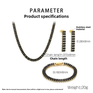 Detail view of stainless steel jewelry set with measurements of necklace and bracelet