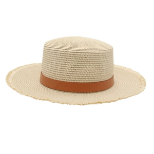 Flat top raffia straw sun hat with brown leather band and fringed edges for beach holidays