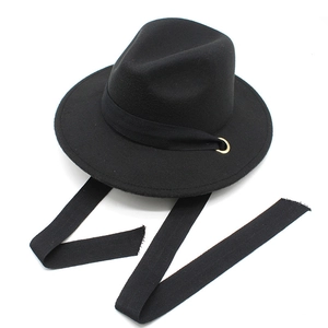 French Vintage Black Woolen Fedora Hat For Men Women Autumn Winter Wide Brim Felt Jazz Hat With Golden Ring Long Ribbon