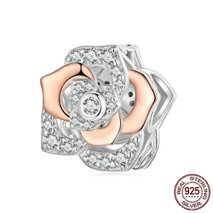 S925 Sterling Silver Rose Flower Charm For Bracelet Two Tone Rose Gold Plated Pave Zirconia Bead DIY Jewelry Making Women Elegant Pendant