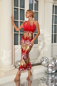 Detail of red and gold sequin evening dress with feather trim and fishtail hemline
