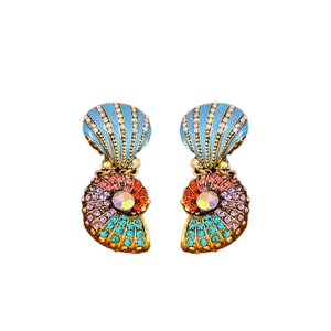 Vintage gold conch and shell earrings with colorful crystals and blue enamel detail
