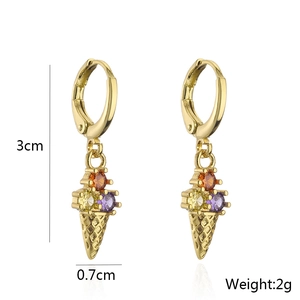 Detailed view of 18K gold ice cream earrings featuring colorful zircon gemstones