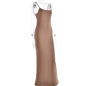 Detail view of the brown backless slim fit maxi dress featuring soft bodycon fabric