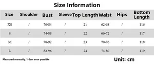 Detailed size guide table for women's two-piece set including bust, waist and length info
