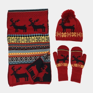Detail of Christmas reindeer jacquard knit pattern on red winter hat scarf and gloves set
