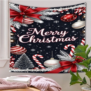 Close-up of Merry Christmas wall tapestry with festive ornaments in a cozy indoor setting