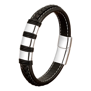 Fashionable braided black leather bracelet with white stitching and magnetic steel clasp