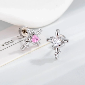 Exquisite silver cross earrings with pink and clear heart zircon stones for women