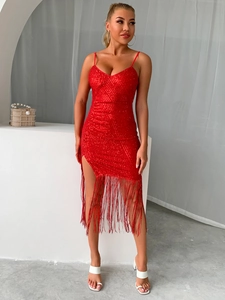 Vestido De Noche Sexy Con Lentejuelas Y Flecos Espalda Descubierta Abertura Alta Bodycon Fiesta Clubwear Sin Mangas Rojo