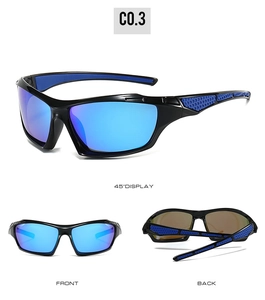 Three multi-angle views of polarized sports sunglasses with blue mirrored lenses and C0.3 frame