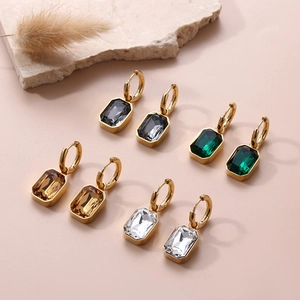 Geometric Rectangular Zircon Drop Earrings Stainless Steel Gold Plated French Luxury Style Jewelry For Women