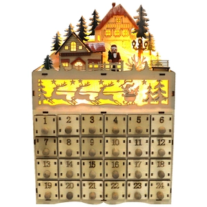 Wooden Christmas advent calendar featuring 24 drawers and a glowing village scene decoration