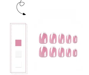 Detail of pink and white French manicure press-on nails set with glossy finish