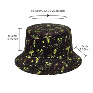 Double-sided skull and mushroom print bucket hat for outdoor sun protection, 56-58cm