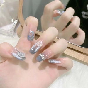 Blue-grey gradient coffin press-on nails with 3D roses, pearls and crystal accents
