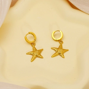 Detailed view of gold starfish drop earrings with intricate textured patterns on a tray