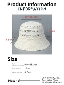 Size chart for knit bucket hat showing 54-58.5cm circumference and cotton blend fabric