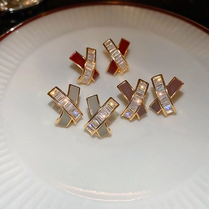 Retro X Shape Cross Stud Earrings With Zircon Enamel Copper And Silver Earring Post Vintage Geometric Elegant For Women