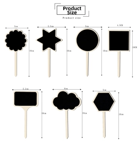 Detailed size chart for decorative wooden mini chalkboards in various creative shapes