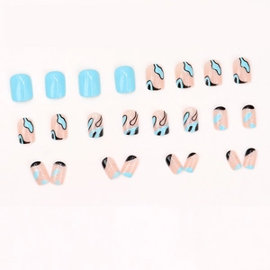 Glossy blue and black wavy line press-on nails set with 24 pieces for women